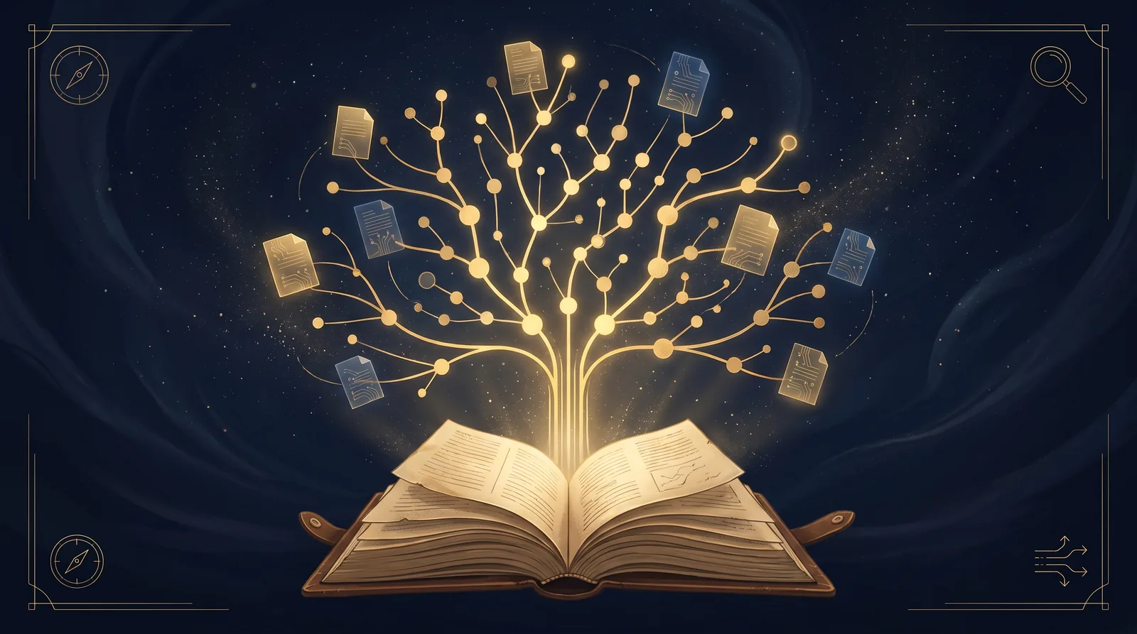 Generative AI research assistant showing an impact pathway outline over a curated evidence library